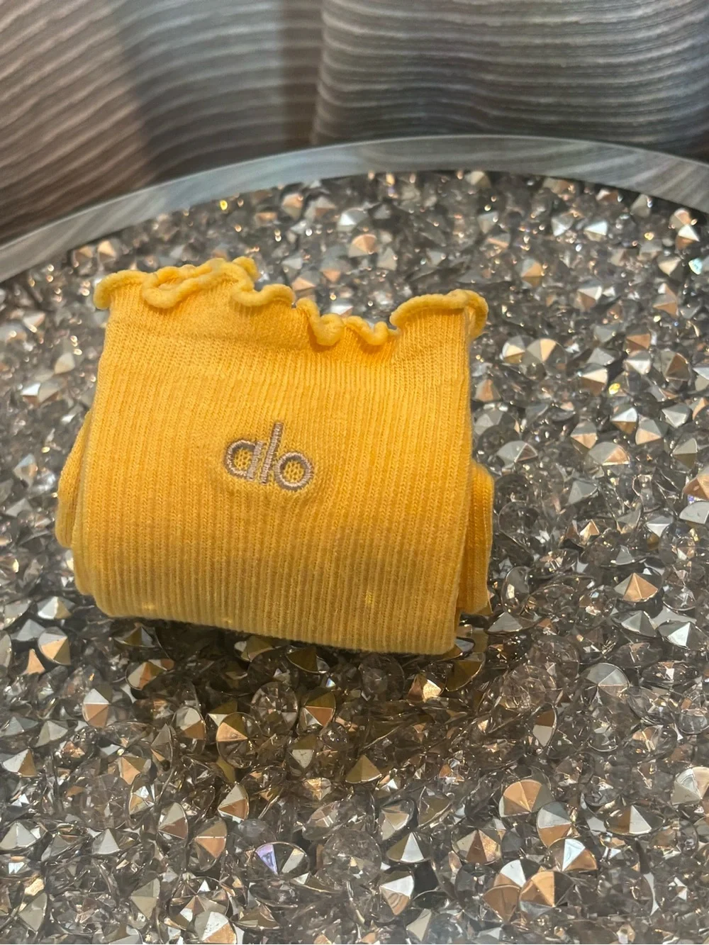 Alo Yoga Yellow Ruffle Crew Socks Logo Embroidered Cute Feminine
